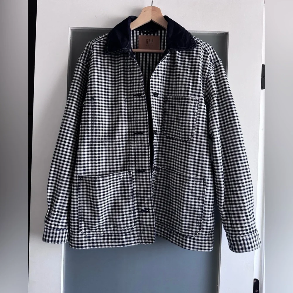 GAP x Doen Gingham Denim Jacket Pascual Blue White Black Size Small S - Picture 7 of 15